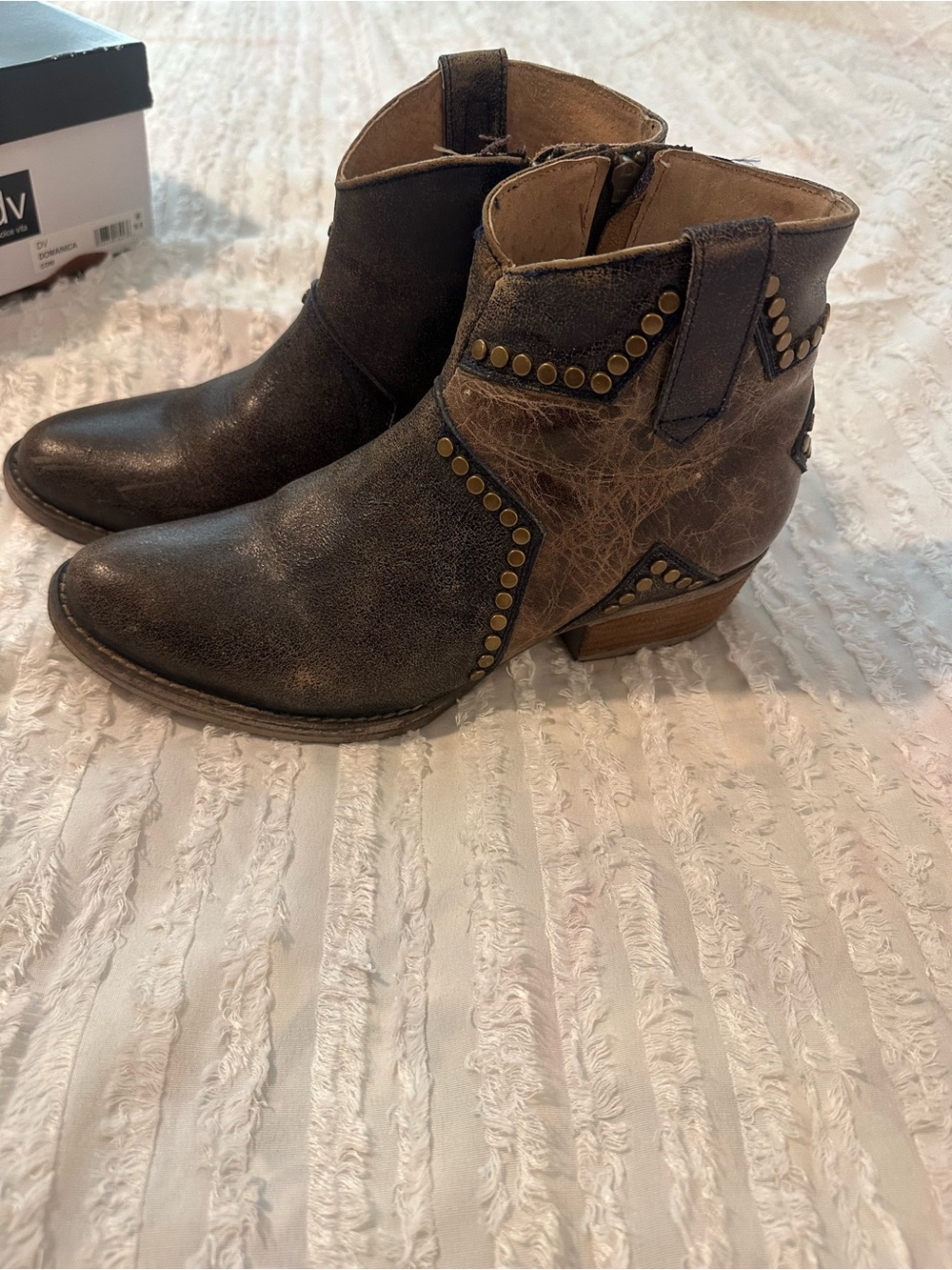 Circle G Distressed Brown Studded Leather Ankle Booties. Retro rocker look.